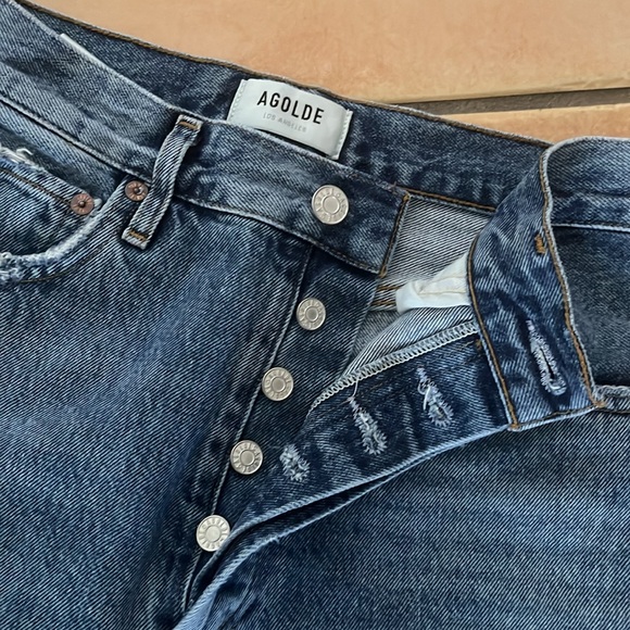 Blue Denim Distressed High Waisted Button Straight Leg Jeans - Agolde - Size 25 - Picture 2 of 8